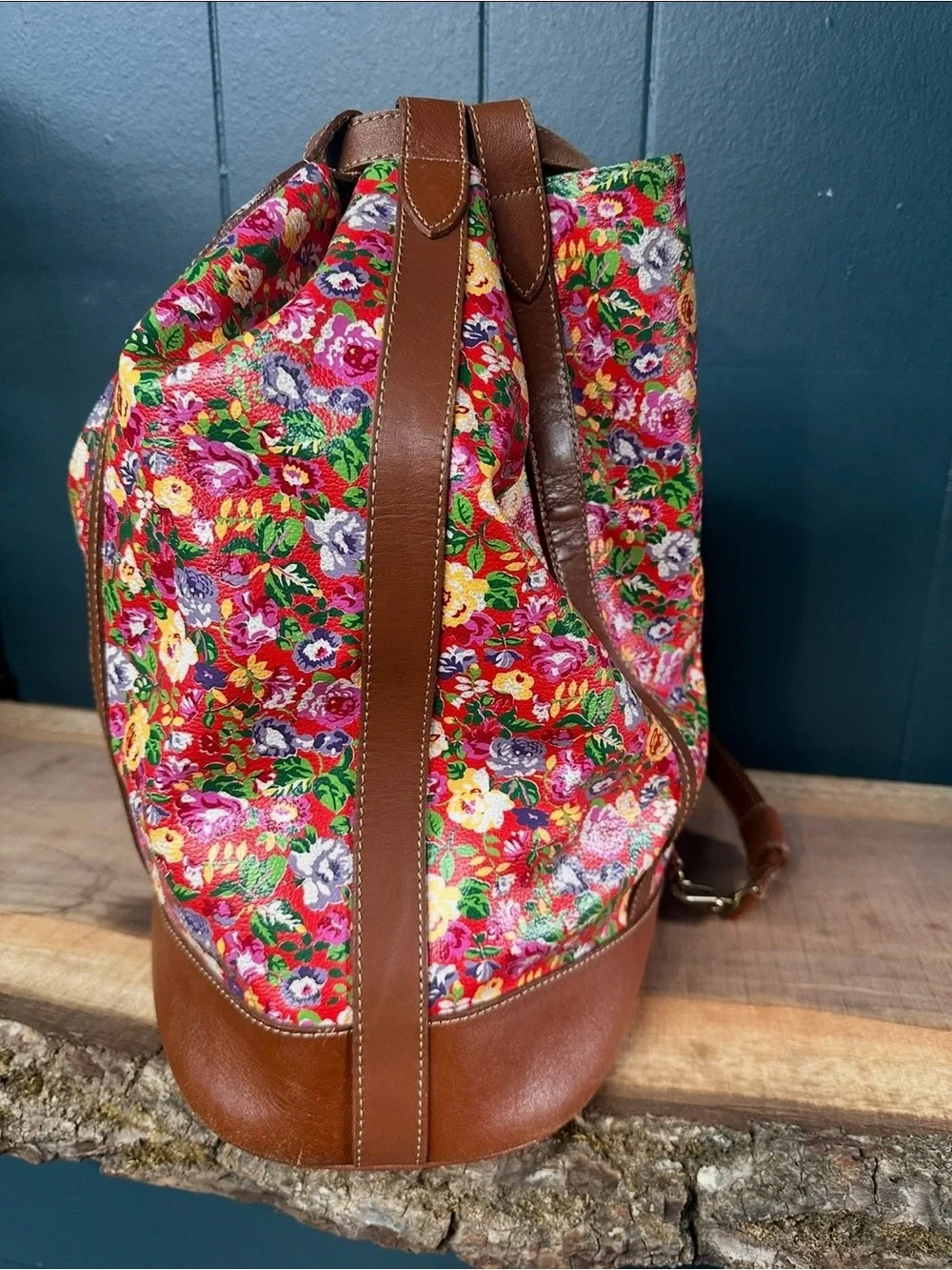 Kenzo Paris Floral Leather Backpack Vintage Drawstring Duffle Bag Tartan Lined